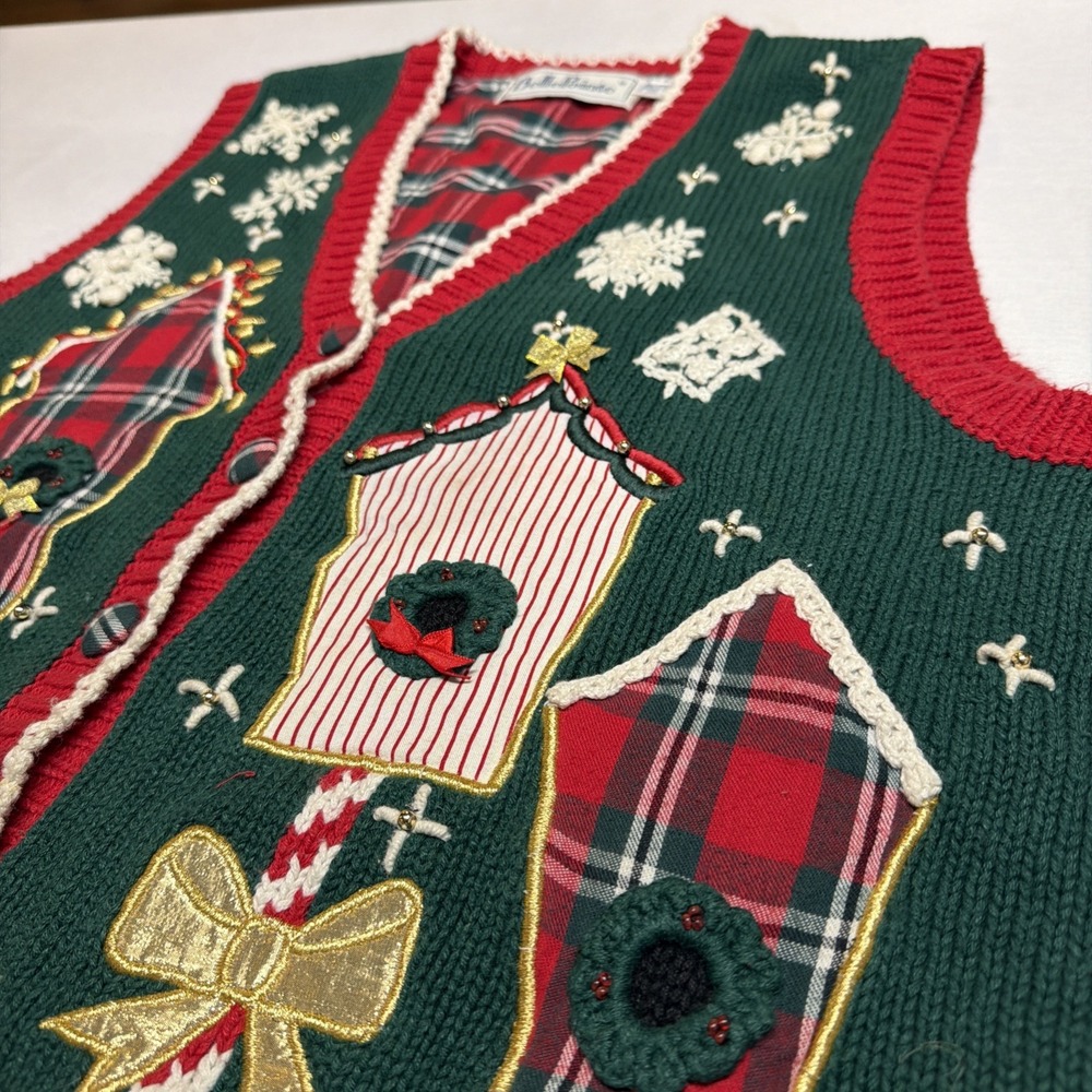 Vintage Belle Pointe Christmas Wreath Sweater Vest L Embroidered Knitted Grandma